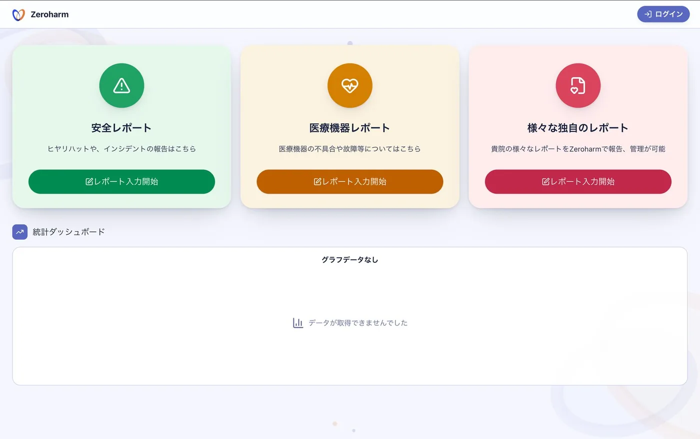 安全・医療機器・独自レポートを選べるホーム画面